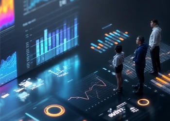 People analyzing futuristic data visualization